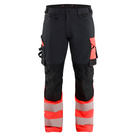 Blaklader 1126 Hi Vis Trousers 4 Way Stretch Black Red Hi Vis Front