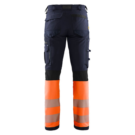 Blaklader 1193 Hi Vis Trousers 4 Way Stretch Without Nail Pockets Navy Blue Hi Vis Orange Back