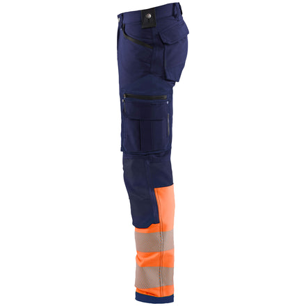 Blaklader 1193 Hi Vis Trousers 4 Way Stretch Without Nail Pockets Navy Blue Hi Vis Orange Left