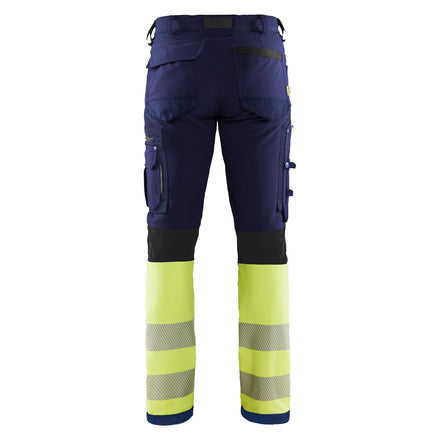 Blaklader 1193 Hi Vis Trousers 4 Way Stretch Without Nail Pockets Navy Blue Hi Vis Yellow Back