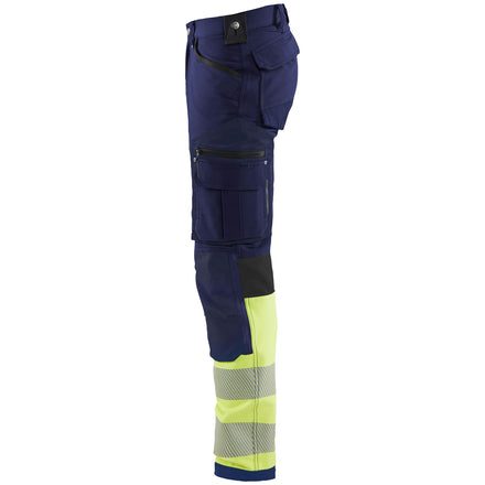 Blaklader 1193 Hi Vis Trousers 4 Way Stretch Without Nail Pockets Navy Blue Hi Vis Yellow Left