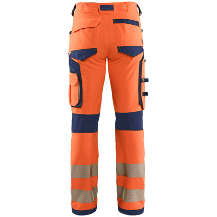 Blaklader 1197 Hi Vis Trousers, 4 Way Stretch Without Nail Pockets Hi Vis Orange Navy Blue Back