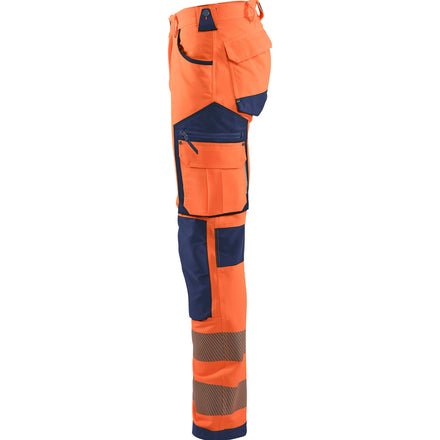 Blaklader 1197 Hi Vis Trousers, 4 Way Stretch Without Nail Pockets Hi Vis Orange Navy Blue Left