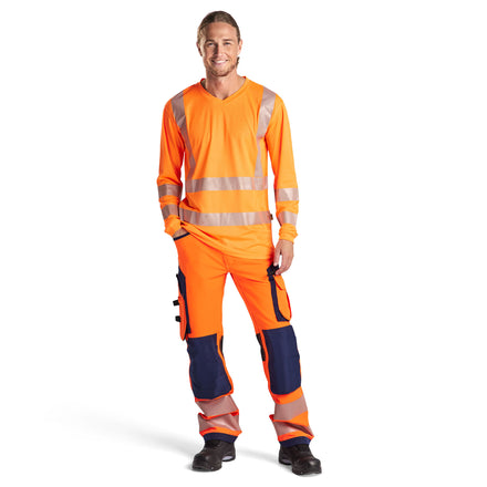 Blaklader 1197 Hi Vis Trousers, 4 Way Stretch Without Nail Pockets Hi Vis Orange Navy Blue Model