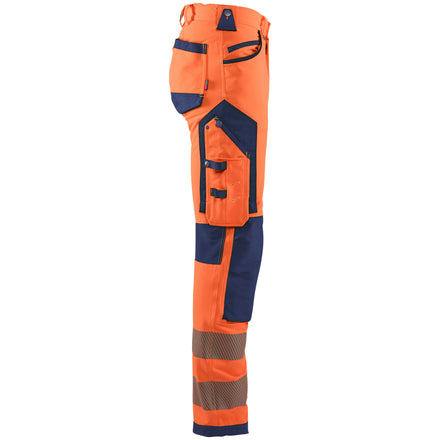 Blaklader 1197 Hi Vis Trousers, 4 Way Stretch Without Nail Pockets Hi Vis Orange Navy Blue Right