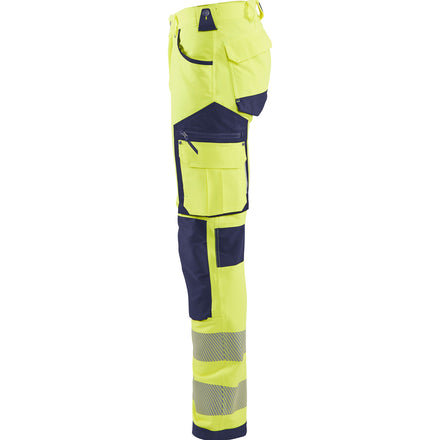 Blaklader 1197 Hi Vis Trousers, 4 Way Stretch Without Nail Pockets Hi Vis Yellow Navy Blue Left