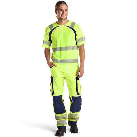 Blaklader 1197 Hi Vis Trousers, 4 Way Stretch Without Nail Pockets Hi Vis Yellow Navy Blue Model
