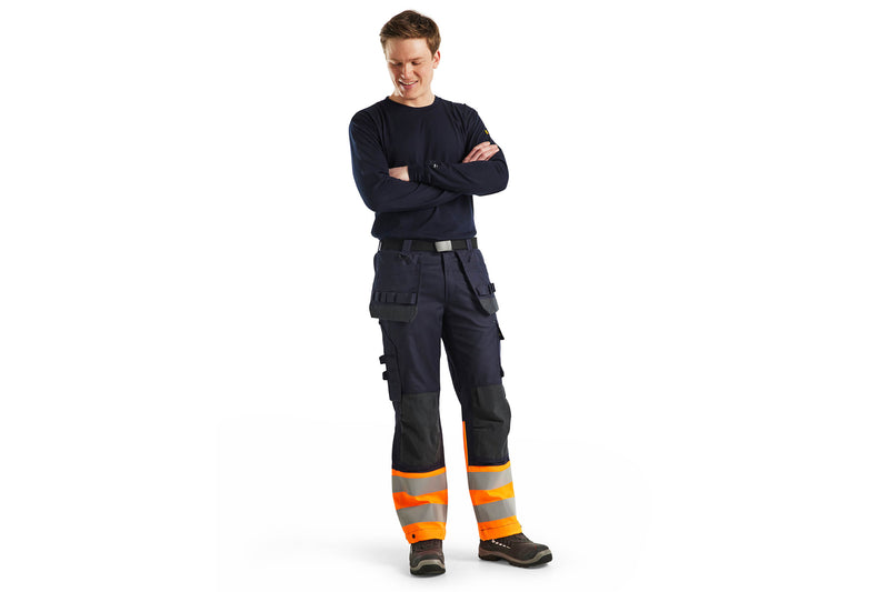 Blaklader 1489 Hi Vis Multinorm Fire Retardant Trousers Navy Blue Hi Vis Orange Lifestyle