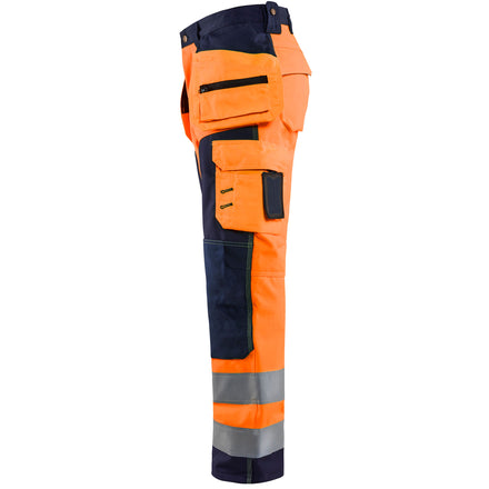 Blaklader 1567 Hi Vis Softshell Craftsman Trousers Hi Vis Orange Navy Blue Left