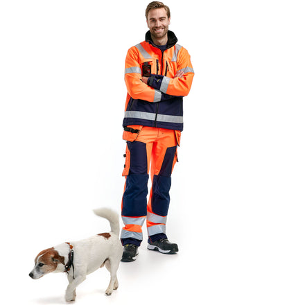 Blaklader 1567 Hi Vis Softshell Craftsman Trousers Hi Vis Orange Navy Blue Model