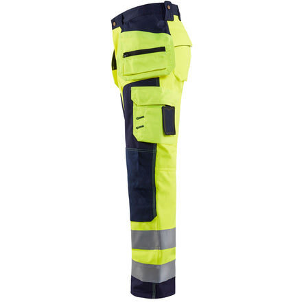 Blaklader 1567 Hi Vis Softshell Craftsman Trousers Hi Vis Yellow Navy Blue Left