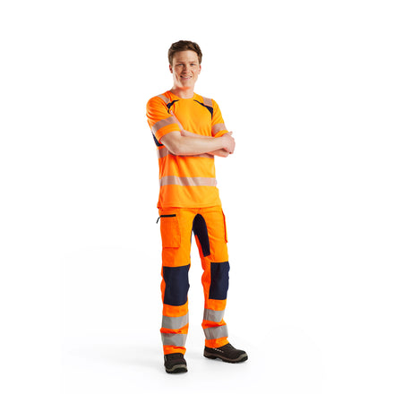 Blaklader 1585 Hi Vis Trousers With Stretch Hi Vis Orange Navy Blue Model