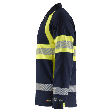 Blaklader 3438 Long Sleeved Multinorm Polo Navy Blue Hi Vis Yellow Left