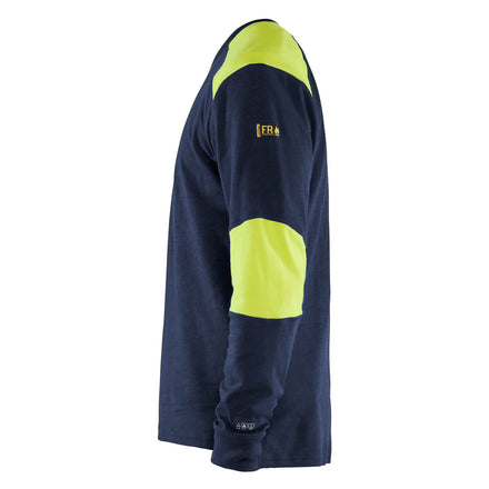 Blaklader 3457 Flame Resistant Long Sleeve T Shirt Navy Blue Hi Vis Yellow Left