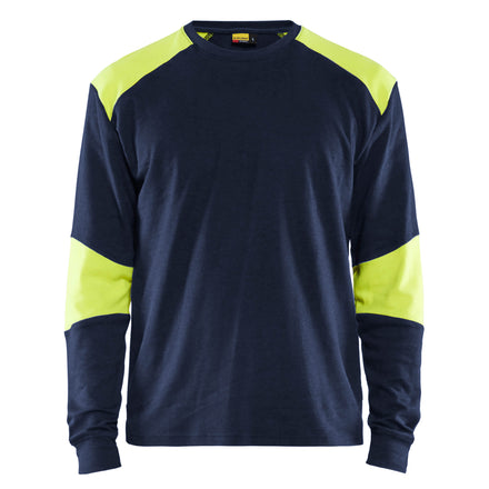 Blaklader 3457 Flame Resistant Long Sleeve T Shirt Navy Blue Hi Vis Yellow Main