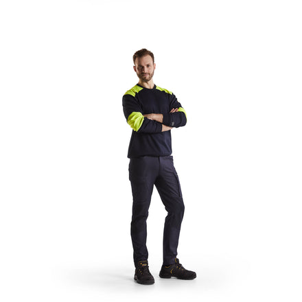 Blaklader 3457 Flame Resistant Long Sleeve T Shirt Navy Blue Hi Vis Yellow Model
