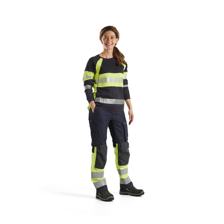Blaklader 3494 Womens Flame Resistant T Shirt Long Sleeve Navy Blue Hi Vis Yellow Model