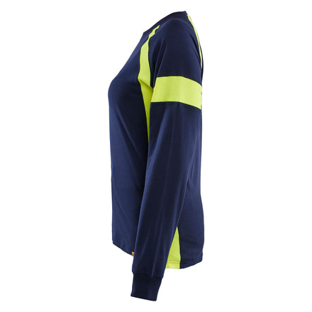 Blaklader 3521 Womens Long Sleeved T Shirt With Hi Vis Navy Blue Hi Vis Yellow Left
