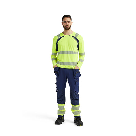 Blaklader 3599 Hi Vis Uv Protected Long Sleeved T Shirt Hi Vis Yellow Navy Blue Model