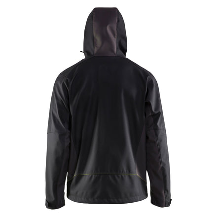 Blaklader 4753 Softshell Jacket With Hood Black Hi Vis Yellow Back Hood Up