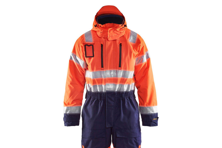 Blaklader 6763 Hi Vis Winter Overalls Hi Vis Orange Navy Blue Reflectives On Body Sleeves And Shoulders Feature