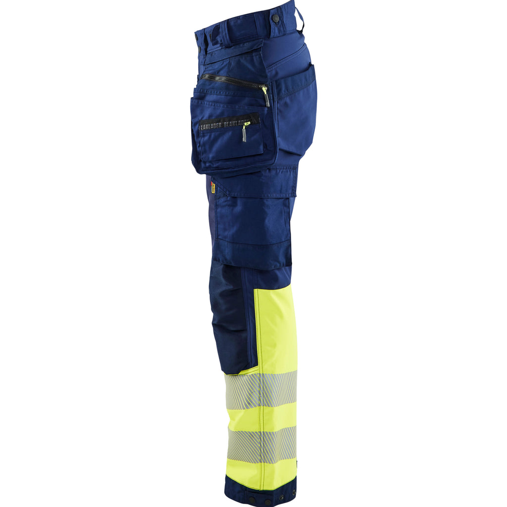Blaklader 7114 Womens Hi Vis Softshell Trousers Navy Blue Hi Vis Yellow Left