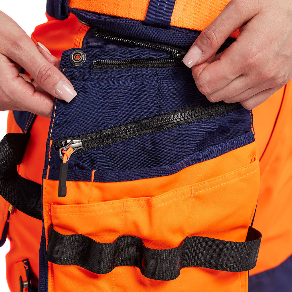 Blaklader 7118 Womens Hi Vis Softshell Trousers Hi Vis Orange Navy Blue Feature 1