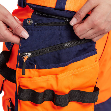 Blaklader 7118 Womens Hi Vis Softshell Trousers Hi Vis Orange Navy Blue Feature 1