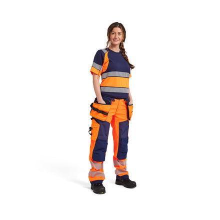 Blaklader 7118 Womens Hi Vis Softshell Trousers Hi Vis Orange Navy Blue Model