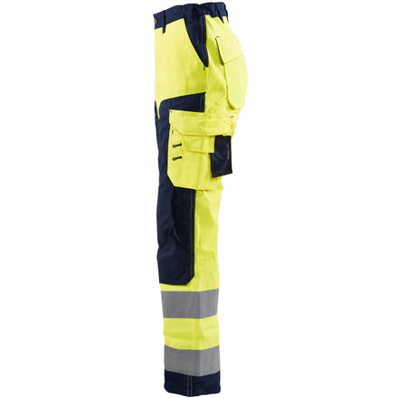 Blaklader 7155 Womens Hi Vis Trousers Without Nail Pockets Hi Vis Yellow Navy Blue Left