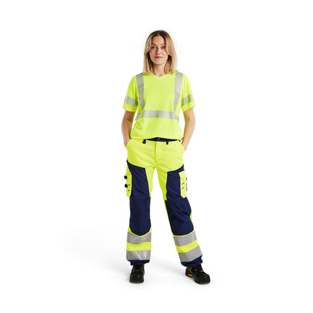 Blaklader 7155 Womens Hi Vis Trousers Without Nail Pockets Hi Vis Yellow Navy Blue Model