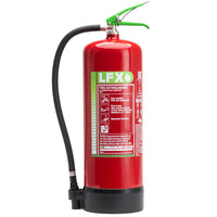 Red fire extinguisher with green label on a white background