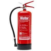 Red fire extinguisher labeled 'Water' with 'Commander' branding on a white background