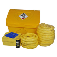 Spill kit with yellow containers, blue cloths, and other supplies on a white background