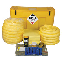 Spill kit with yellow container, absorbent pads, and related items on a white background