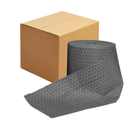 Roll of gray perforated tape next to a cardboard box on a white background