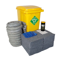 Spill kit with yellow container, absorbent pads, and other components on a white background