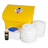 Spill kit with yellow container, towels, and a bottle on a white background