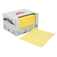 Yellow spill pads with a cardboard box labeled 'spillpod' on a white background