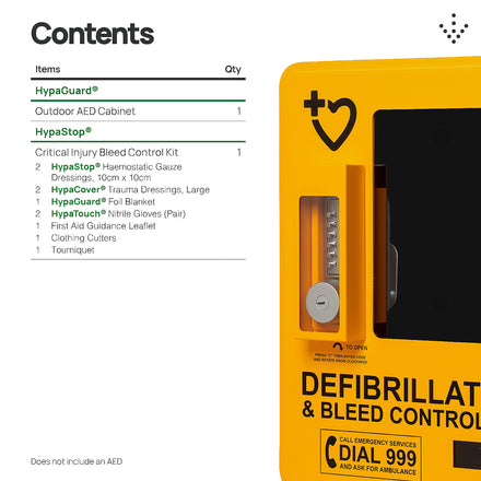 HypaGuard Outdoor Automatic External Defibrillator Cabinet with HypaStop Bleed Control Kit