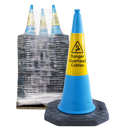 Blue Danger Overhead Cables Traffic Cone With Yellow Sleeve 1000mm