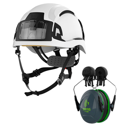JSP EVO Alta Baseworker With JSP Sonis Ear Defenders Hard Hat Kit | White