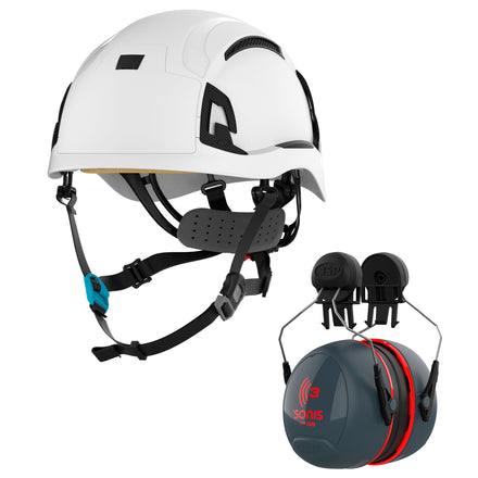 JSP EVO Alta Skyworker With JSP Sonis Ear Defenders Hard Hat Kit | White