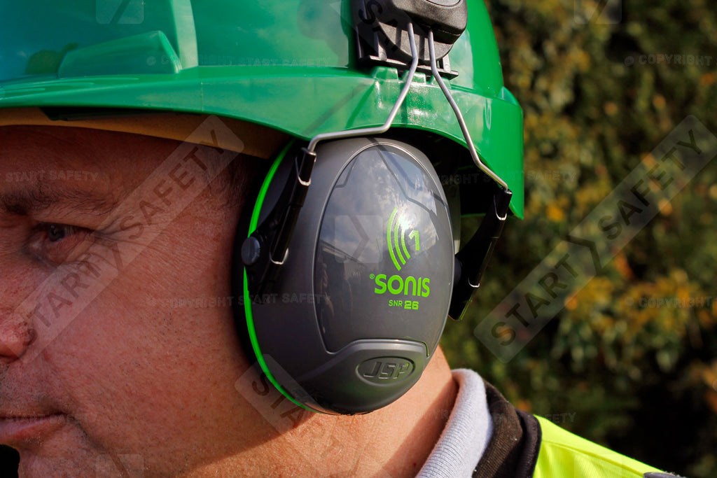 JSP Sonis 1 Helmet Mounted Ear Defenders Grey/Green Plate - SNR 26 | AEB010-0CY-800