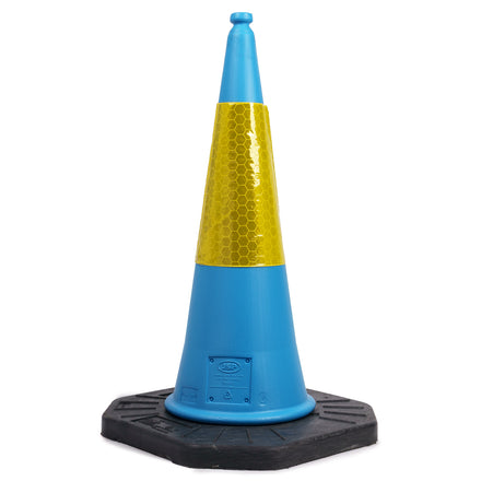 Blue Danger Overhead Cables Traffic Cone With Yellow Sleeve 1000mm