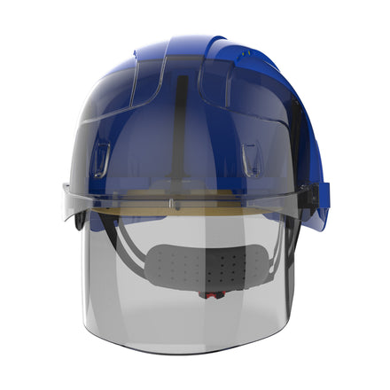 blue safety helmet with face shield front picture