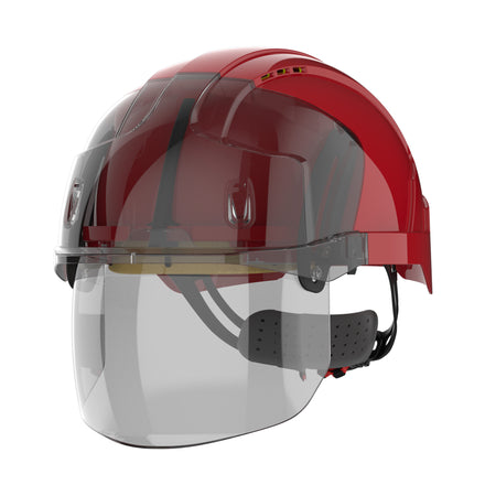 red safety helmet with face shield right front side picture