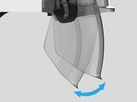 safety helmet face shield with blue arrow depicting it moving back and forth