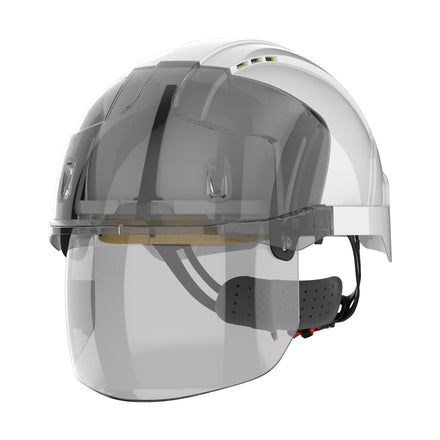 white safety helmet with face shield left front side picture