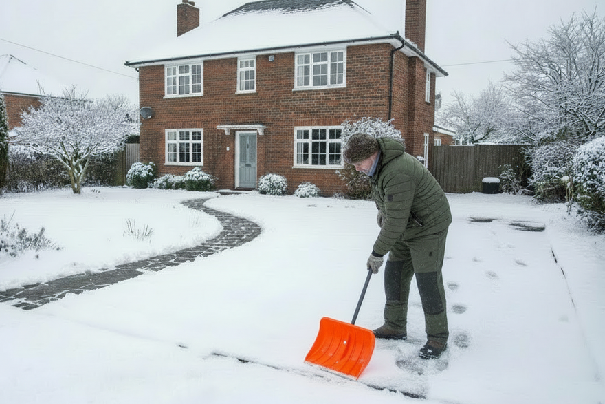 Man clearing snow from driveway with shovel